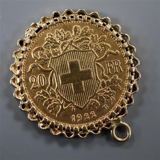 A 1922 French 20 Franc gold coin, in pendant mount